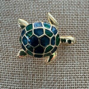Vintage Green and Blue Enamel with Gold Tone Metal Turtle Brooch
